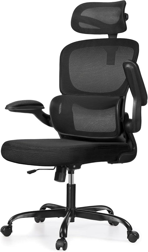Ergonomic Office Chair, High Back Mesh Desk Chair with Lumbar Support and Adjustable Headrest, Computer Task Chair with Flip-up Armrests, Swivel Executive Chairs for Home Office (Black) - LeafyLoom
