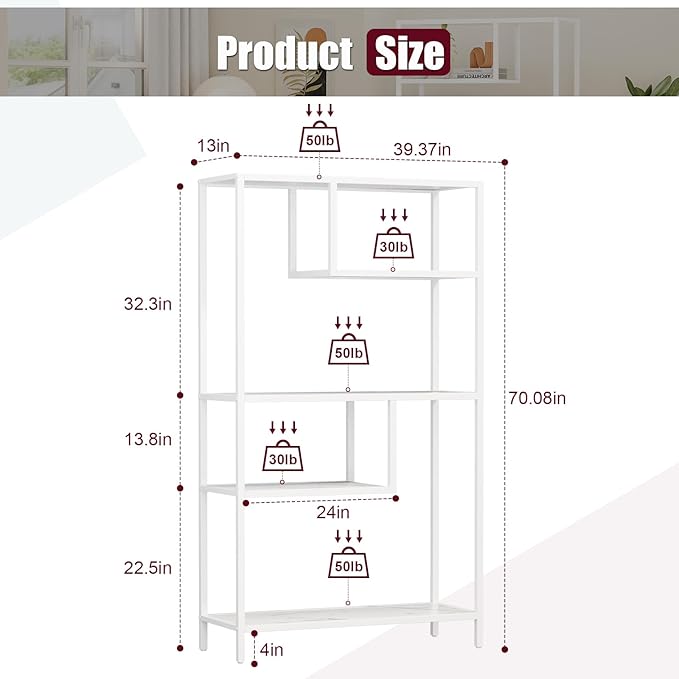 HOME BI Geometric Bookshelf, Tall Modern Etagere Bookcase, Industrial Metal Book Shelf with 5 Open Display Shelves for Office Living Room, White - LeafyLoom