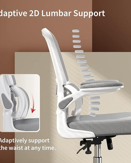 Ergonomic Office Chair, Comfortable Office Chair with Flip-up Arms, Adaptive Lumbar Support, Mesh Computer Chair with Thick Cushion, White Desk Chair with 90°-130° Tilt Function - LeafyLoom