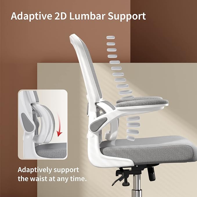 Ergonomic Office Chair, Comfortable Office Chair with Flip-up Arms, Adaptive Lumbar Support, Mesh Computer Chair with Thick Cushion, White Desk Chair with 90°-130° Tilt Function - LeafyLoom