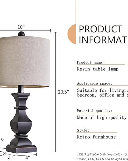 PoKat 20.5" Mid Century Table Lamp Sets of 2 for Living Room Retro Style Farmhouse Table Lamp for Bedroom Classic Beige Resin Bedside Night Light Lamps, Suitable for Small Place - LeafyLoom