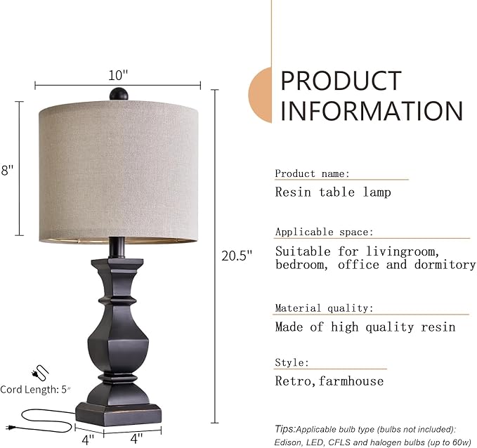 PoKat 20.5" Mid Century Table Lamp Sets of 2 for Living Room Retro Style Farmhouse Table Lamp for Bedroom Classic Beige Resin Bedside Night Light Lamps, Suitable for Small Place - LeafyLoom