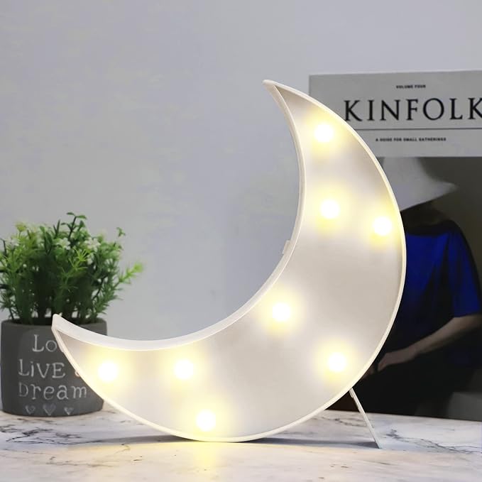 LED Moon Shaped Marquee Signs, Light Up Moon Night Lights Battery Operated Crescent Moon Lamp for Bedroom, Christmas, Birthday Party Decor-Moon(White) - LeafyLoom