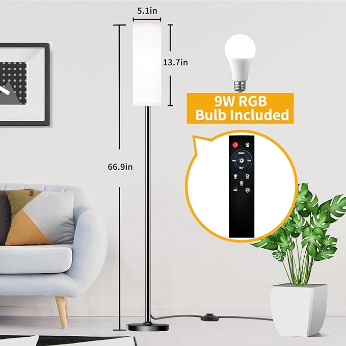 Floor Lamp for Living Room Bedroom,Modern LED Floor Lamp with Remote Control and Stepless Dimmable Colors Temperature & Brightness,Standing Lamps Tall Lamp, 9W Bulb Included(White) - LeafyLoom