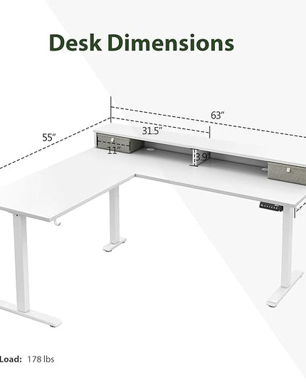 L shaped Electric Standing Desk with 2 Drawers, 63 Inch Ergonomic Adjustable Height Desk with Storage, Corner Desk Sit Stand up Computer Table for Work Office Home, White - LeafyLoom