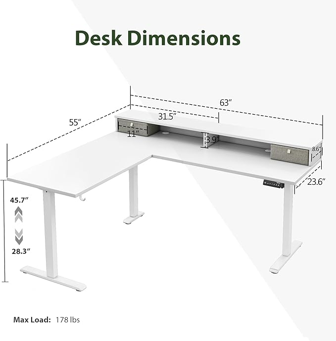 L shaped Electric Standing Desk with 2 Drawers, 63 Inch Ergonomic Adjustable Height Desk with Storage, Corner Desk Sit Stand up Computer Table for Work Office Home, White - LeafyLoom