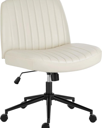 OLIXIS Cross Legged Armless Wide Adjustable Swivel Padded Home Office Desk Chair, Cream with Wheels - LeafyLoom