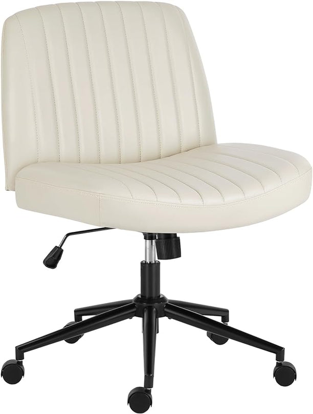 OLIXIS Cross Legged Armless Wide Adjustable Swivel Padded Home Office Desk Chair, Cream with Wheels - LeafyLoom