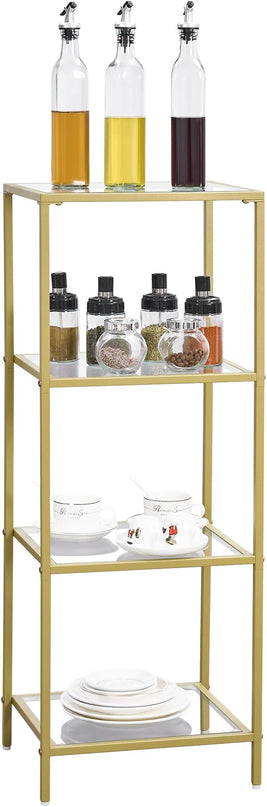 4-Tier Bookshelf,Metal Bookcase,Tempered Glass Shelves,Storage Rack Shelf for Home Office,Living Room,Bedroom, Bathroom,Modern Style,Golden - LeafyLoom