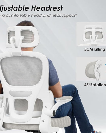 Soohow Ergonomic Home Office Chair, Mesh Desk Chair with Lumbar Support, Comfy Computer Desk Chair with Flip Armrest Rolling Wheels, Adjustable Headrest, Khaki. - LeafyLoom