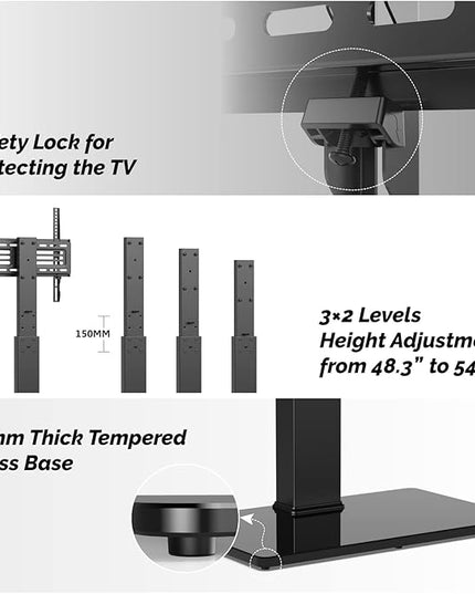 FITUEYES Universal Floor TV Stand Swivel Mount Height Adjustable for 27 32 55 65 70 inch Flat and Curved Screen TVs, Tempered Glass Base Black TV Stands with Cable Management Modern - LeafyLoom