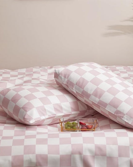 Pink Grid Comforter Full Pink Plaid Bedding Set Girls Pink White Checkered Bed Comforter Set Breathable Blanket Set Kids Durable Bedding Comforter Set - LeafyLoom