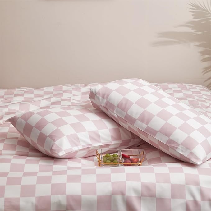 Wellboo Pink White Plaid Comforter Sets King Women Men Bean Pink and White Checkerboard Grid Bedding Comforters Cotton Boys Girls Modern Dusty Pink Checkered Geometric Quilts Luxury Abstract Bed - LeafyLoom