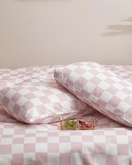 Wellboo Pink White Plaid Comforter Sets California King Women Men Bean Pink and White Checkerboard Grid Bedding Comforters Cal King Cotton Boys Girls Modern Dusty Pink Checkered Geometric Quilts - LeafyLoom