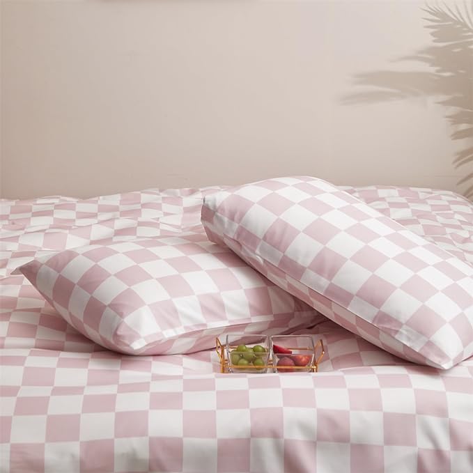 Wellboo Pink White Plaid Comforter Sets California King Women Men Bean Pink and White Checkerboard Grid Bedding Comforters Cal King Cotton Boys Girls Modern Dusty Pink Checkered Geometric Quilts - LeafyLoom