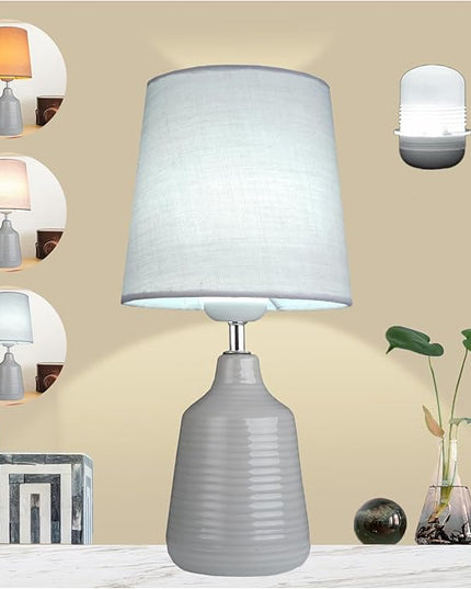 AIDENOEY Small Table Lamp for Bedroom -Bedside Desk Reading Lamps with 3 Way DimmableTouch Control,Nightstand Ceramic Lamp with Fabric Shade for Kids Room,Living Room,Dorm,Home Office (Light Grey) - LeafyLoom