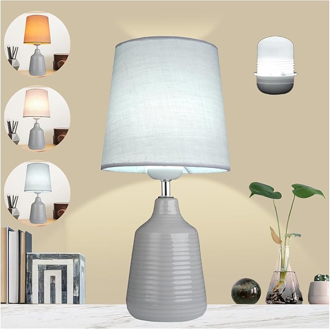 AIDENOEY Small Table Lamp for Bedroom -Bedside Desk Reading Lamps with 3 Way DimmableTouch Control,Nightstand Ceramic Lamp with Fabric Shade for Kids Room,Living Room,Dorm,Home Office (Light Grey) - LeafyLoom
