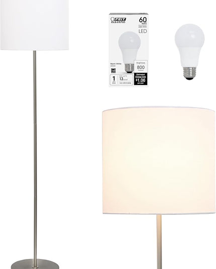 Simple Designs LF2004-WHT-LB 57" Traditional Brushed Nickel Stick Floor Lamp with White Shade for Living Room, Hallway, Entryway, Bedroom, Office, with Feit LED Bulb Included - LeafyLoom
