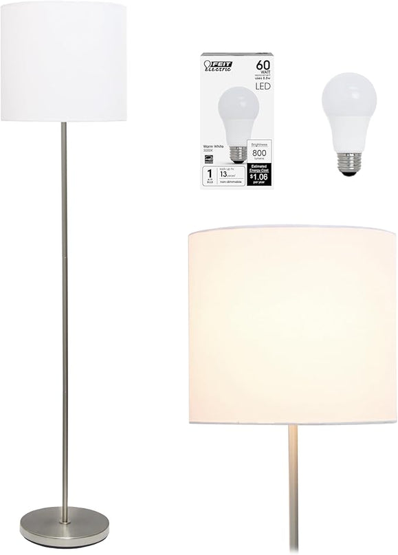 Simple Designs LF2004-WHT-LB 57" Traditional Brushed Nickel Stick Floor Lamp with White Shade for Living Room, Hallway, Entryway, Bedroom, Office, with Feit LED Bulb Included - LeafyLoom