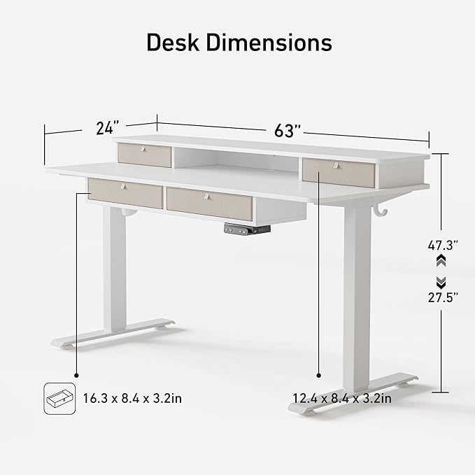 FEZIBO Sturdy Height Adjustable Electric Standing Desk with Drawers, 63 x 24 Inch Stand Up Table with Large Storage Shelf, Sit Stand Desk, White Top - LeafyLoom