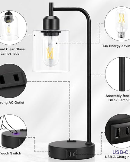 Industrial Touch Table Lamps for Bedrooms Set of 2 - 3-Way Dimmable Nightstand Lamps with USB C+A Ports and Outlet, Black Bedside Lamps with Glass Shade for Living Room, Desk Lamps for Home Office - LeafyLoom