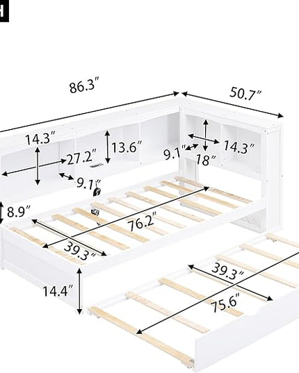 SuperStroke Jintop Twin Size Daybed with 5 Storage Cabinets and Trundle,Wood Sofa Bed Frame W/ 2 Standard Plug Outlets & Two USB Ports,No Box Spring Required,for Living Room Bedroom Apartment,White - LeafyLoom