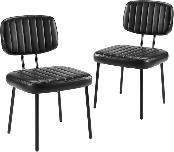 Sweetcrispy Dining Chairs Set of 2, Upholstered Mid Century Modern Kitchen Dining Room Accent Chairs with Faux Leather Cushion Seat & Metal Legs for Kitchen, Living Room - Black - LeafyLoom
