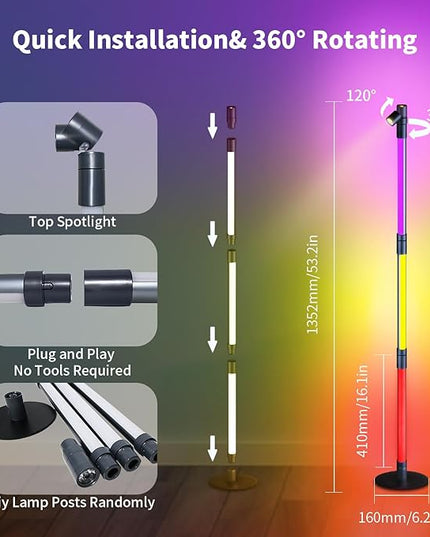 BRIMAX RGBWIC Corner Floor Lamp, DIY Detachable LED Floor Lamp with Spotlight, Smart Corner Lamp with 16 Million DIY Colors&Music Sync, App&Remote Control for Living Room Bedroom Study Room Christmas - LeafyLoom