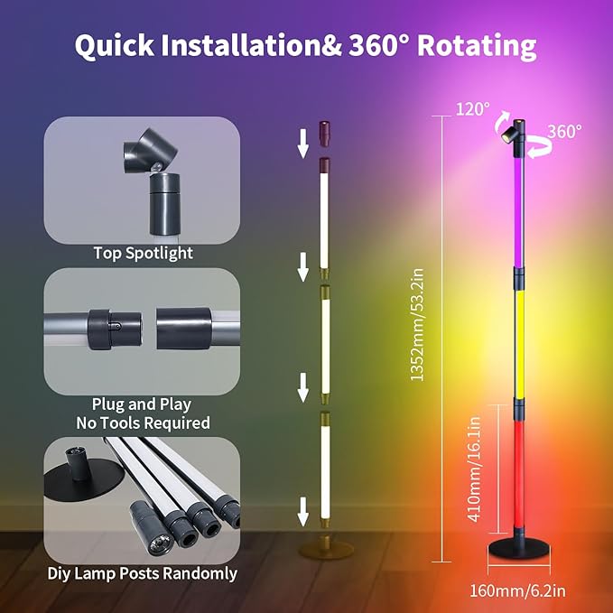 BRIMAX RGBWIC Corner Floor Lamp, DIY Detachable LED Floor Lamp with Spotlight, Smart Corner Lamp with 16 Million DIY Colors&Music Sync, App&Remote Control for Living Room Bedroom Study Room Christmas - LeafyLoom