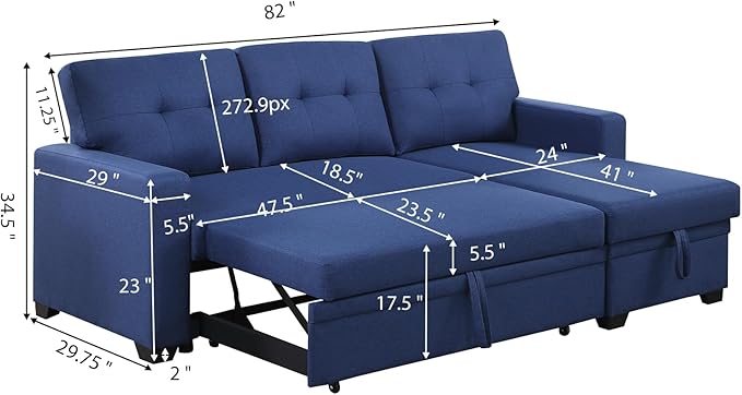 L Shape Sleeper Sofa Bed with Storage, Large Full Size Pull Out Sectional Couch, Futon Chaise Lounge Recliner for Living Room, Apartment, Bedroom, Office, Blue - LeafyLoom