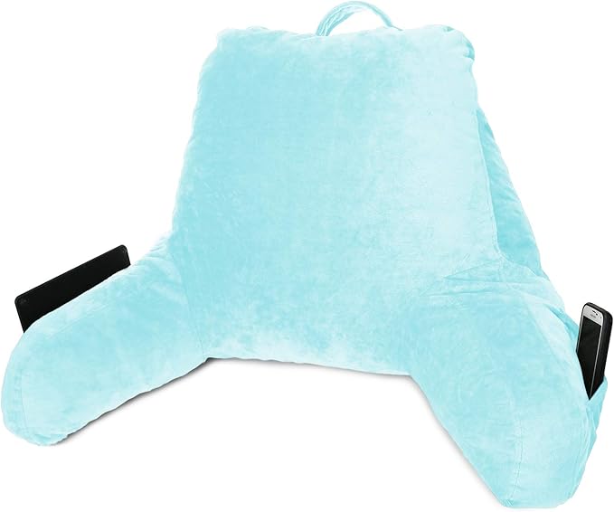 Clara Clark Reading Pillow, Standard Back Pillow for Sitting Up in Bed, Memory Foam Back Support Pillow, Reading Pillows for Sitting in Bed, Light Blue Sit Up Pillow for Bed, Arm Pillow with Pockets - LeafyLoom