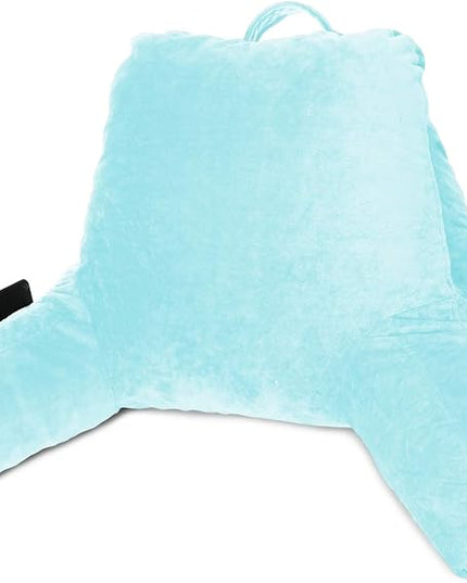 Clara Clark Reading Pillow for Kids, Small Back Pillow for Sitting Up in Bed, Memory Foam Back Support Pillow, Reading Pillows for Sitting in Bed, Light Blue Gaming Pillow with Arms and Pockets - LeafyLoom