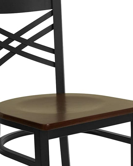 Flash Furniture HERCULES Series Black ''X'' Back Metal Restaurant Chair - Mahogany Wood Seat - LeafyLoom