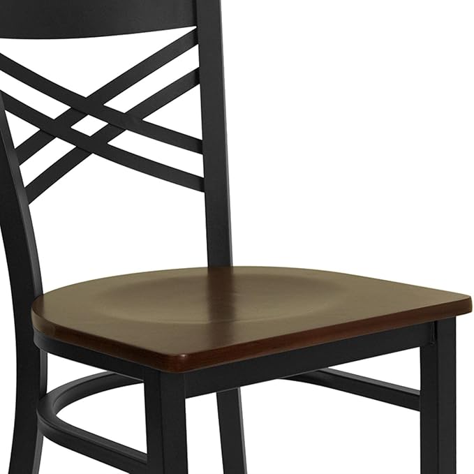 Flash Furniture HERCULES Series Black ''X'' Back Metal Restaurant Chair - Mahogany Wood Seat - LeafyLoom