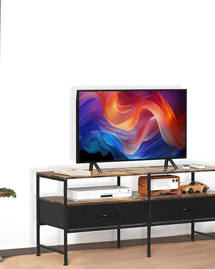 HEOMU Industrial TV Stand for 50 Inch Television Cabinet 3-Tier Console Table with Fabric Drawer, Entertainment Center Media Console Metal Frame for Living Room, Bedroom, Rustic Brown - LeafyLoom