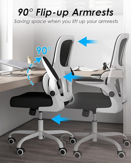 Soohow Ergonomic Home Office Chair, Mesh Desk Chair with Lumbar Support, Comfy Computer Desk Chair with Flip Armrest Rolling Wheels, White. - LeafyLoom