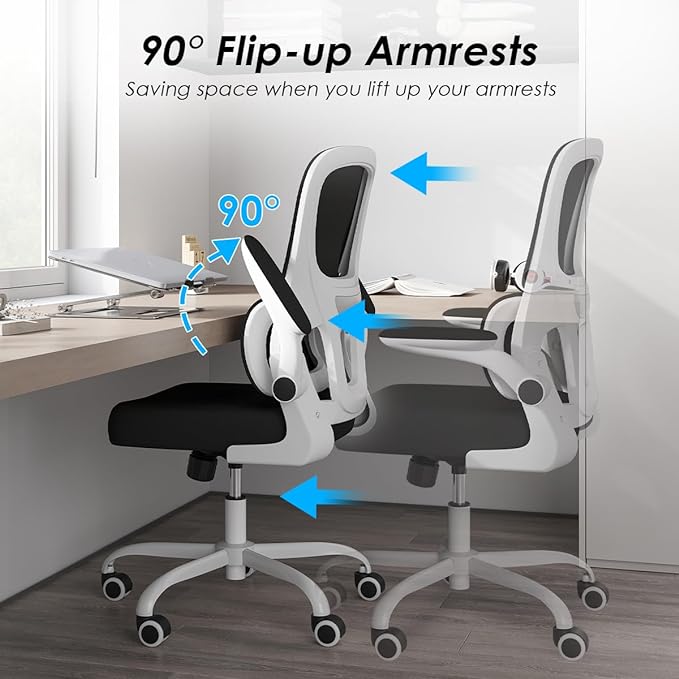 Soohow Ergonomic Home Office Chair, Mesh Desk Chair with Lumbar Support, Comfy Computer Desk Chair with Flip Armrest Rolling Wheels, White. - LeafyLoom