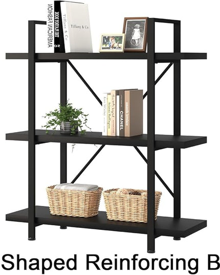 HSH 3 Tier Black Bookshelf, Industrial Small Metal Wooden Storage Book Shelves, Modern Open Low 3 Shelf Bookcase and Display Etagere, Vertical Book Shelf for Bedroom Living Room Office, Black Oak - LeafyLoom