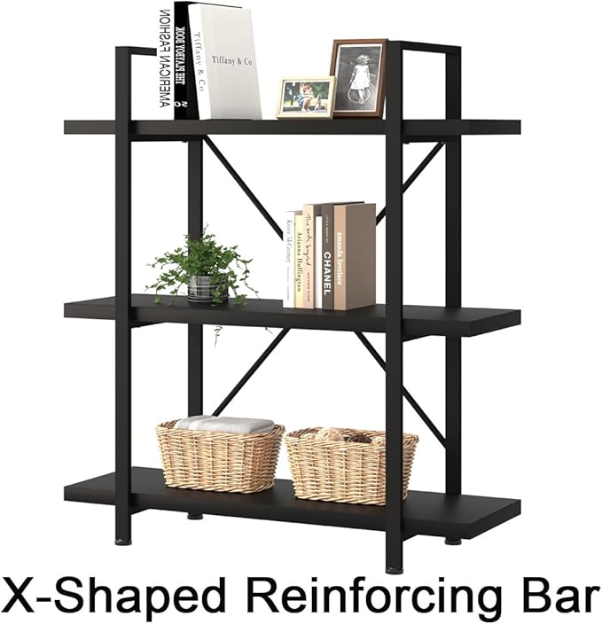HSH 3 Tier Black Bookshelf, Industrial Small Metal Wooden Storage Book Shelves, Modern Open Low 3 Shelf Bookcase and Display Etagere, Vertical Book Shelf for Bedroom Living Room Office, Black Oak - LeafyLoom