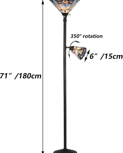 Bieye L10686 Baroque Tiffany Style Stained Glass Torchiere Floor Lamp with Sidelight for Reading Home Decor, 71-inch Tall - LeafyLoom