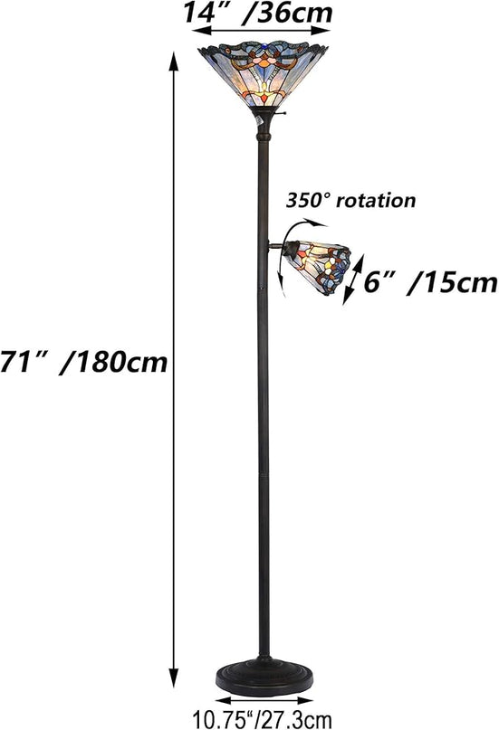 Bieye L10686 Baroque Tiffany Style Stained Glass Torchiere Floor Lamp with Sidelight for Reading Home Decor, 71-inch Tall - LeafyLoom