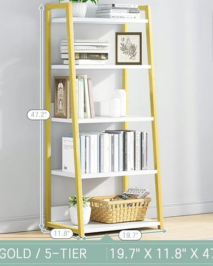 IOTXY 5 Tier Open Bookshelf - Steel and Wood Display Stand, 50CM Width Floor-Standing Bookcase, Gold - LeafyLoom