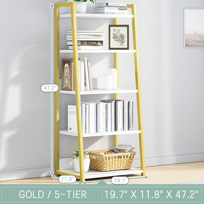 IOTXY 5 Tier Open Bookshelf - Steel and Wood Display Stand, 50CM Width Floor-Standing Bookcase, Gold - LeafyLoom