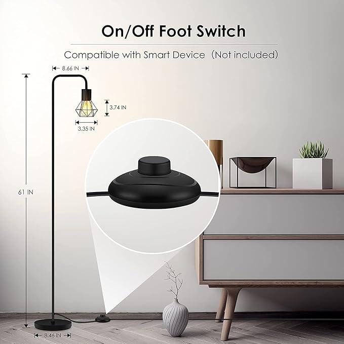 BoostArea Industrial Floor Lamp, Diamond Shape Design, 6W LED Bulb, E26 Socket, On/Off Footswitch, Premium Quality, Safe, Easy Assembly, Modern Style, Black - LeafyLoom
