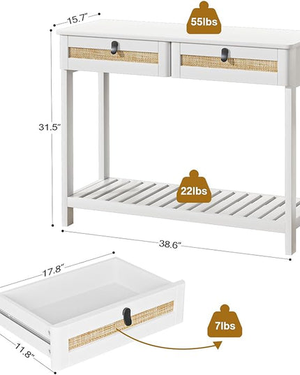 Knowlife Rattan Console Table with Drawers, Entryway Table Sofa Table with Storage Shelf, Narrow Long Behind Couch Table for Entryway, Living Room, Hallway, White - LeafyLoom