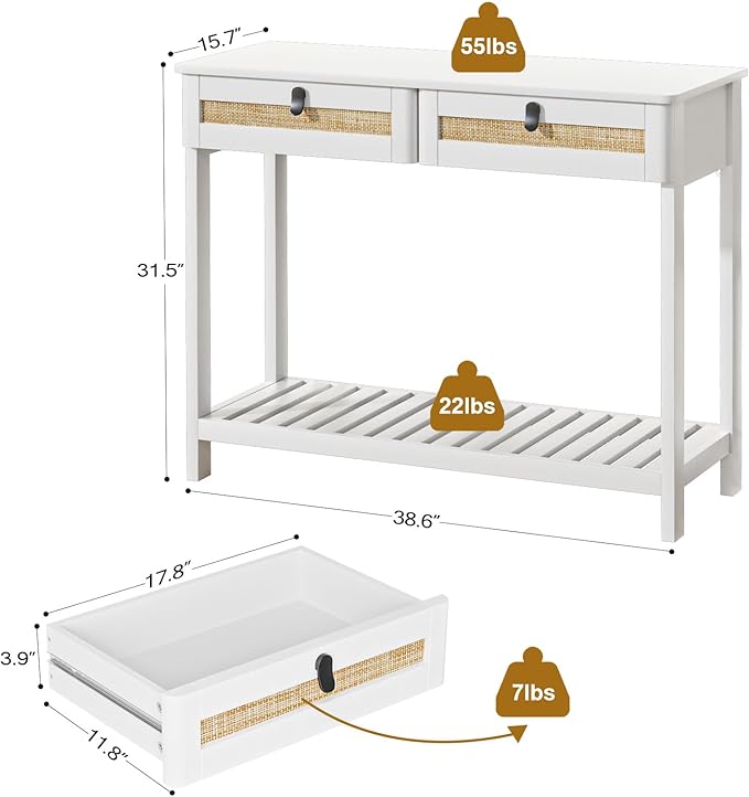 Knowlife Rattan Console Table with Drawers, Entryway Table Sofa Table with Storage Shelf, Narrow Long Behind Couch Table for Entryway, Living Room, Hallway, White - LeafyLoom