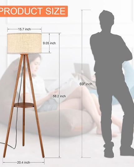 Wood Tripod Floor Lamp with Shelves,Linen Shade Boho Wooden Floor lamp for Living Room, with Three Color temparature Bulb Included,footswitch,ETL Listed/Brown Wood Color - LeafyLoom