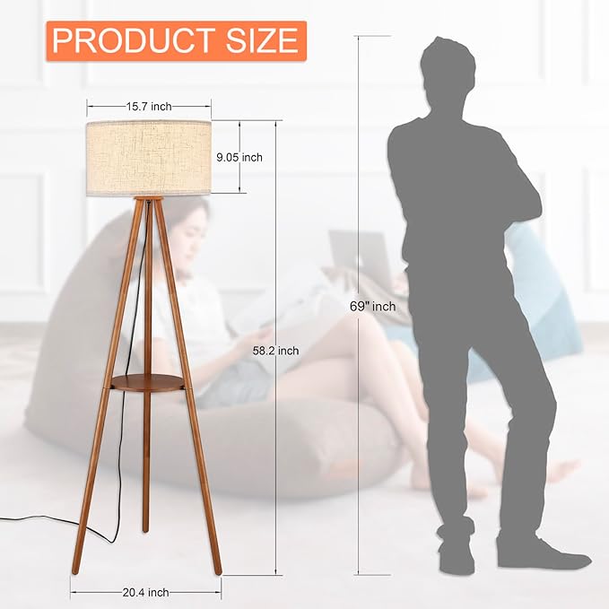 Wood Tripod Floor Lamp with Shelves,Linen Shade Boho Wooden Floor lamp for Living Room, with Three Color temparature Bulb Included,footswitch,ETL Listed/Brown Wood Color - LeafyLoom