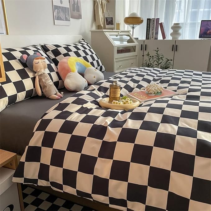 Wellboo Black White Plaid Comforter Sets King Women Men Black and White Checkerboard Grid Bedding Comforters Cotton Boys Girls Modern Black Checkered Geometric Quilts Luxury Abstract White Bedding - LeafyLoom