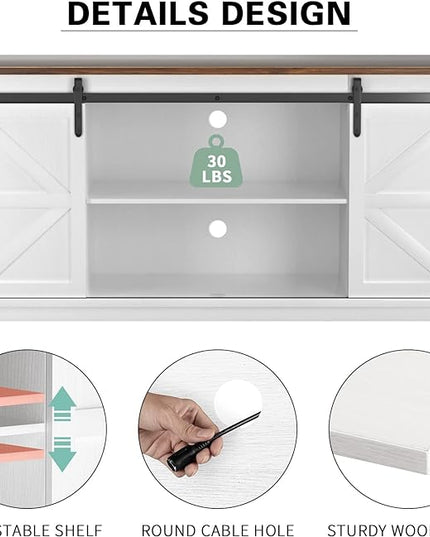 YESHOMY Farmhouse TV Stand and Entertainment Center for Televisions up to 65 Inchs, with Sliding Barn Doors and Storage Cabinets, Console Table and Media Furniture for Living Room, 58 Inch, Milk White - LeafyLoom